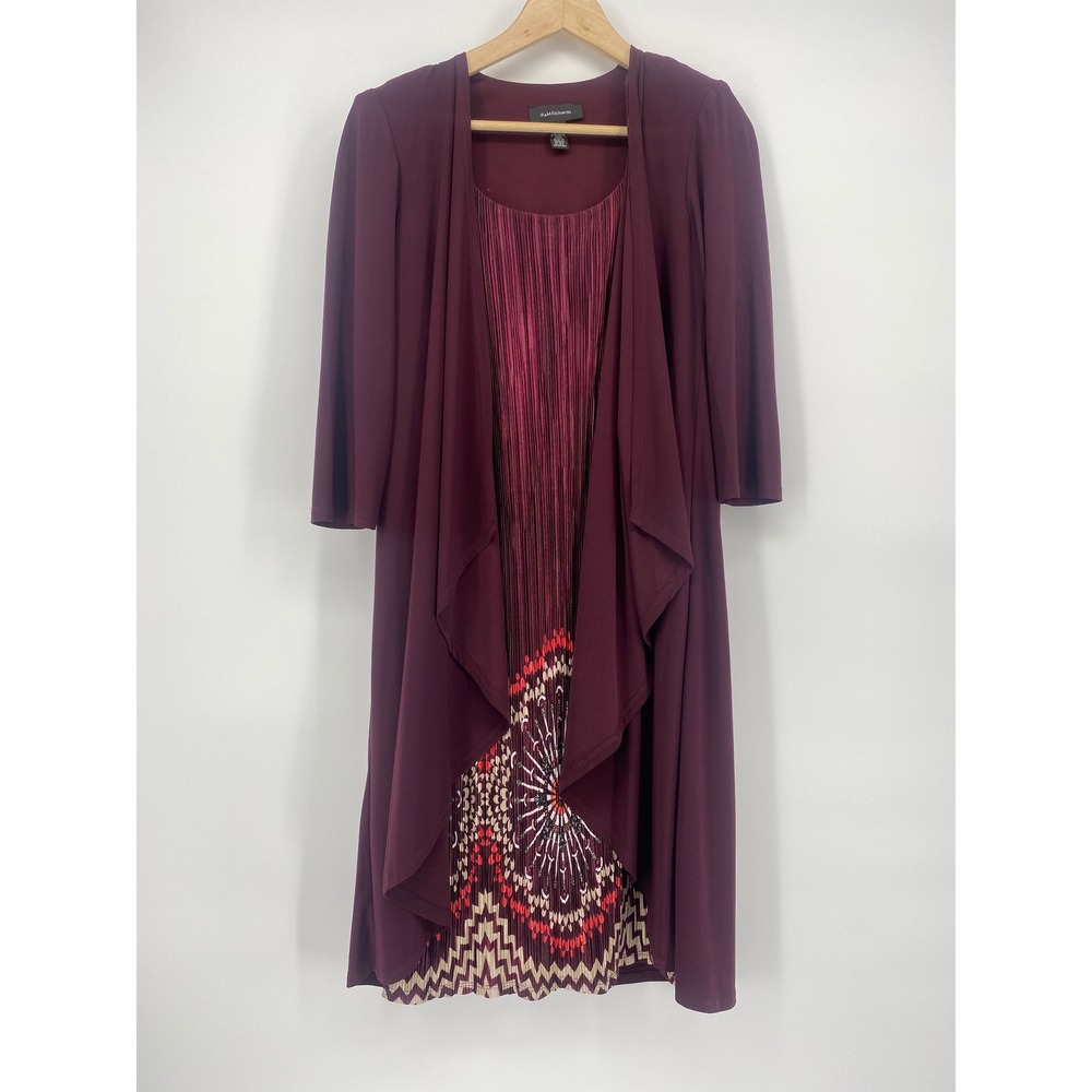 R&M Richards Dress 6 Burgundy Excellent Layered Pleated Geometric Midi